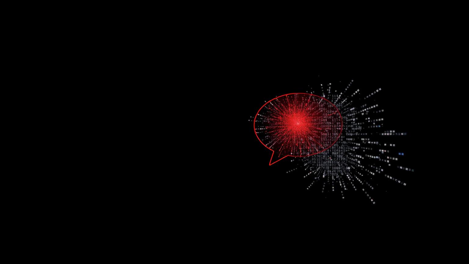 A red chat bubble dissolving into binary data, leaking across a dark background.