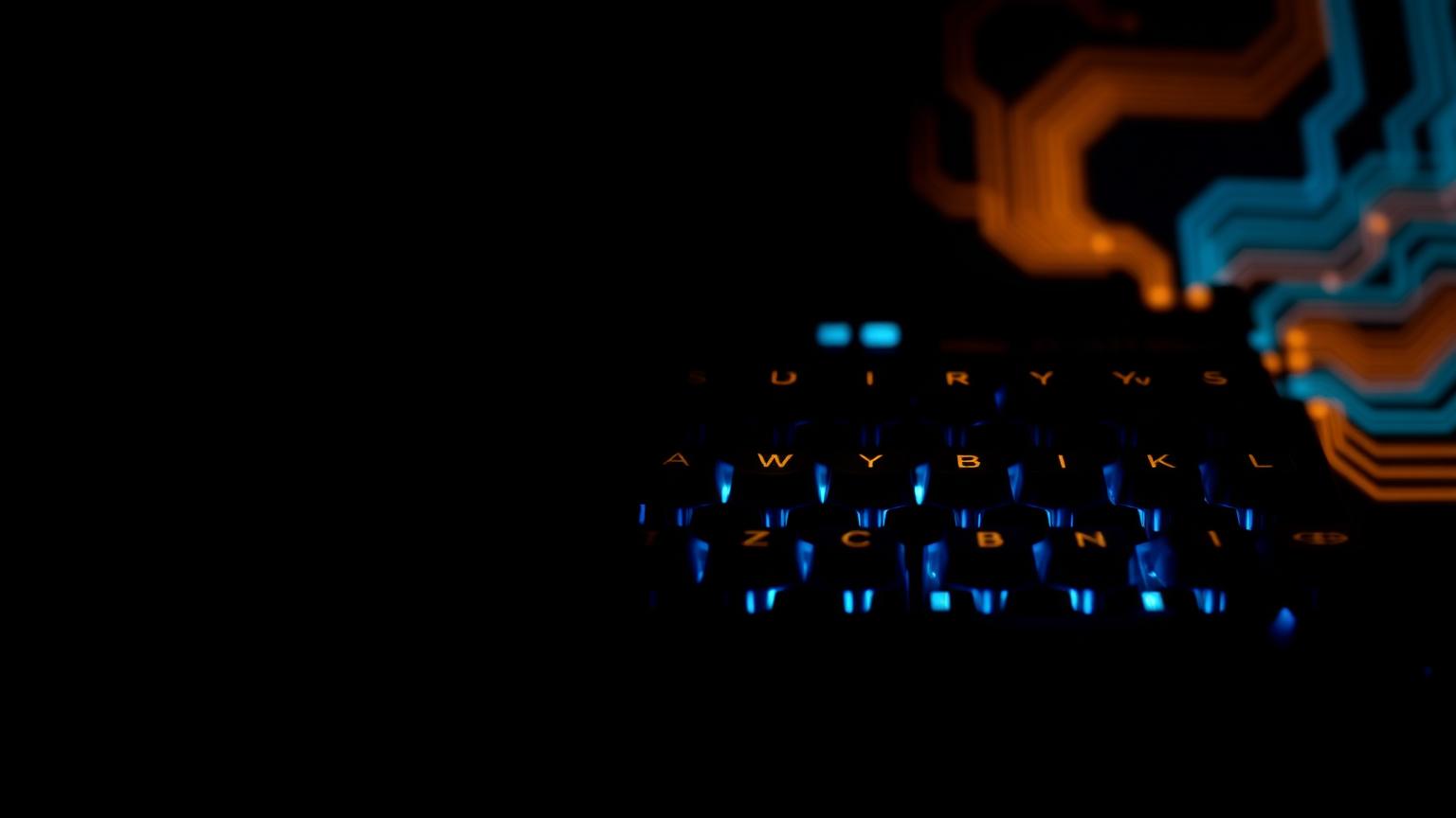 Dark keyboard glowing amber and blue, keys flowing into circuit pathways.